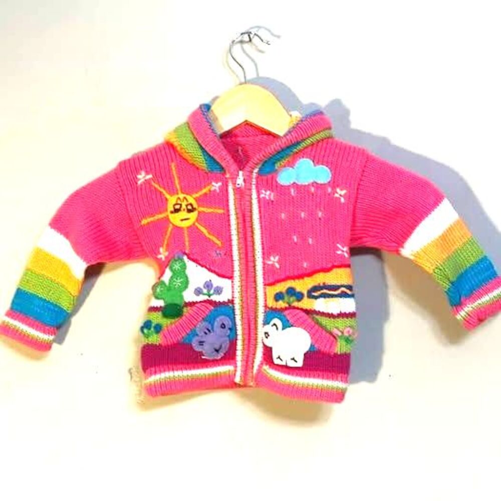 Hand-Knit Children's Landscape Hooded Sweater Sz 9 mos.  Rare, unique, handmade